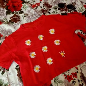 Red Daisy Print Crop Top