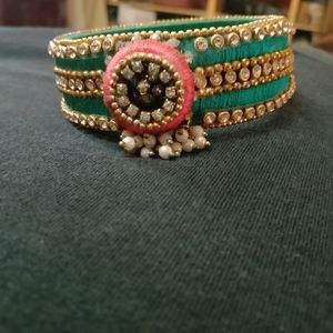 Silk Thread Designer Bangle With Stone Line Art