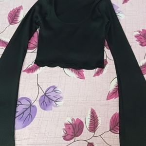 Black Lettuce Hem Full Sleeve Rib Top