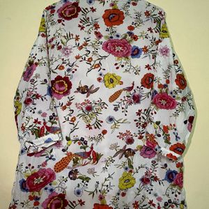 White Top With Floral And Peacock Prints