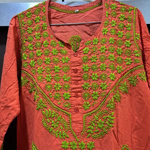 Chikankari Orange N Green Kurta