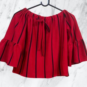 Red & Black Off-Shoulder Crop Top With Bell Sleeve