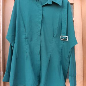 tWomen Chiffon Bottle Green Shirt With Beautiful B