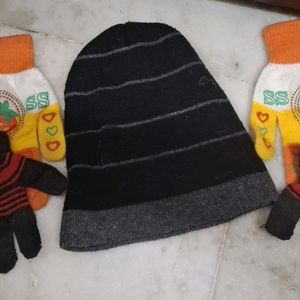 Kids Hand Gloves And Woolen Cap