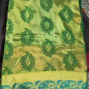 Pattu Saree With Blouse Green And Gold Color