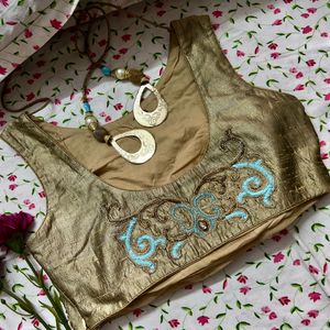 Blue Gold Embroidery Blouse