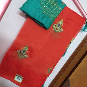 New Saree With Work Blose Piece + Lining Free