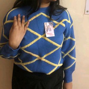 Blue Pullover Sweater With Yellow Strips Lines