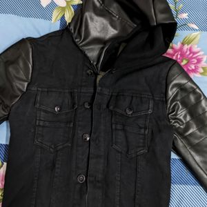 Leather Denim Hooded Jacket