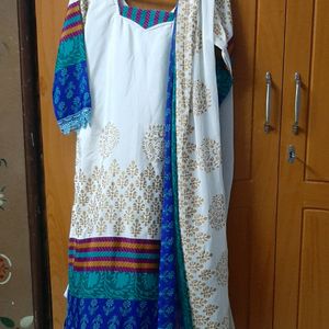 White Blue Golden Kurta Dupatta Pant Set