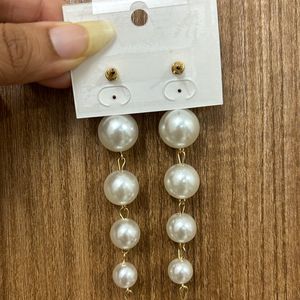 Pearl String Long Drop Earrings With Screw