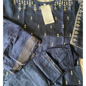 Navy Blue Pure Cotton Blend Kurta Set For Beauty