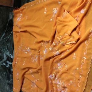 Stone Work Orange Saree With Blouse