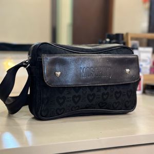 Auth Moschino Black Leather Messenger Bag