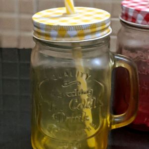 Set of 2 Mason Jar Glass Cups with Straws & Lids