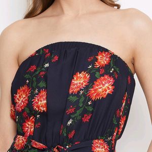 Navy Blue Floral Off Shoulder Waist Tie Up