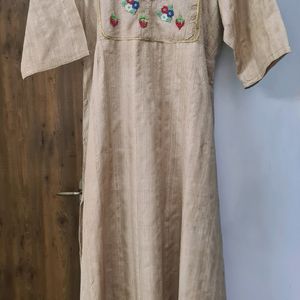 Beige Raw Silk Kurta with flowers strawberries