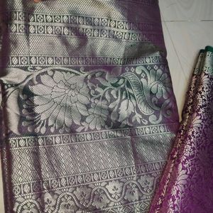 (New) Purple And Green Colour Pink Border Saree Wi