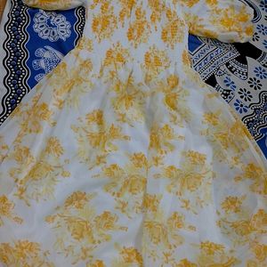 Floral Yellow N White Dress For Girls.