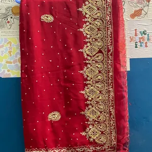 Red Chiffon Saree With Heavy Pallu