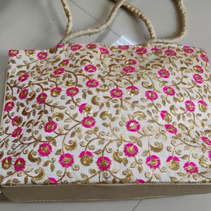 Golden And Pink Embroidery Tote Bag