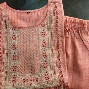 Jari Thread Work Peach Colour Kurti Pant Set