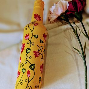 Handpainted Yellow Flowers Art On Glass Bottle