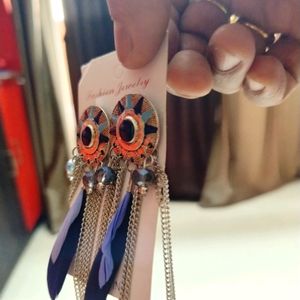 Designer Blue Feathered Ear Rings