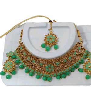 Gold-Plated Kundan Mint Green Choker Necklace Set