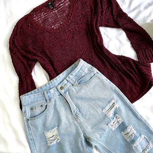 H&M Knitted Oversized Burgundy Pullover Top