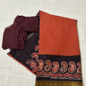 Rust Pure Cotton Saree with Blouse