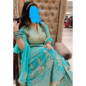 Turquoise Anarkali With lehenga gota Patti