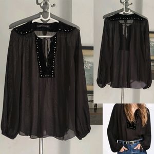 Zara Long Sleeve Tassel Black Velvet Studs Blouse