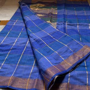 Royal Blue Cotton Silk Checked Design Saree