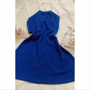 blue halter top with ring neck