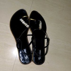 Black Beautiful Stones Flat Sandles