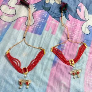 Red Choker And Earrings Jewellery Set Of Two