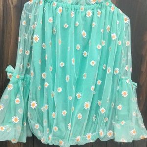 Green Off Shoulder Top With Flowers Prints