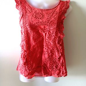 Forever New Coral Eyelet Lace Top