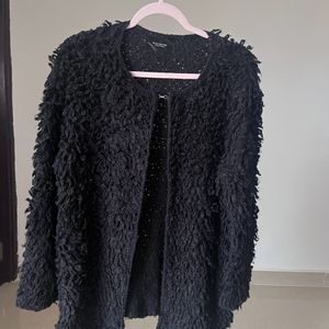 Faux Fur Teddy Black Long Cardigan