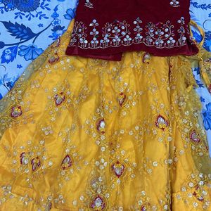 Red Velvet Choli With Yellow Net Lehnga