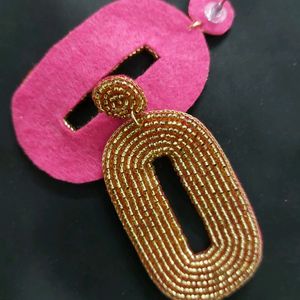 Golden Handmade Ovel Shape Earrings With Pink Base