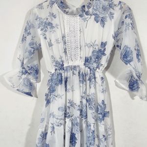 White & Blue Floral Printed Dress(women's)