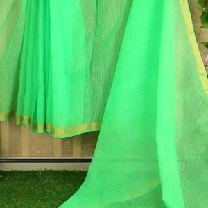 Green Colour Pure Cotton Saree With Golden Boder