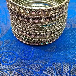 Multi Color Stone Silver Coted Bangles