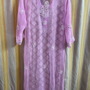 Pink Chikankari kurta with mirror work