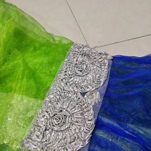 Blue N Green Combination Saree With Silver Bolouse