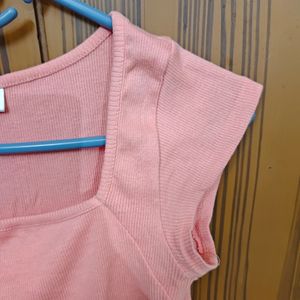 Coral Pink Fitted Top With Square Neck