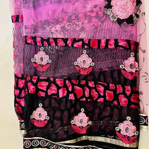 A Beautiful Pink Black Combination Floral Saree