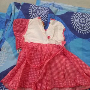 Red  & White Sleeveless Frock with Hat